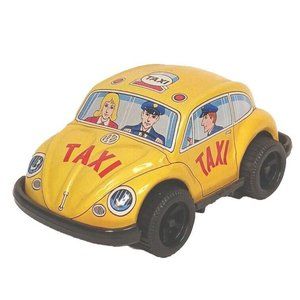 Tin Toy VW Volkswagon Beetle Taxi Friction Drive Is Worn Vintage Yellow Japan